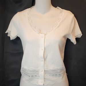 New White Lace Crop Baby Tee Button Down Size M